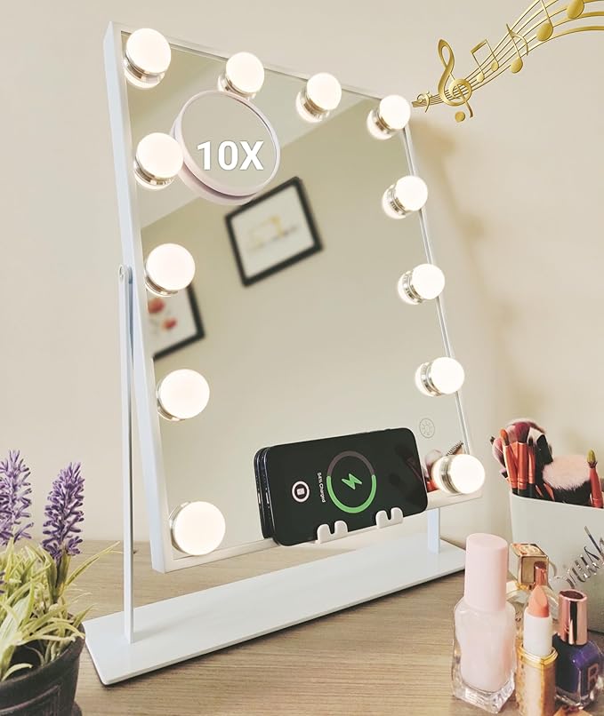 Hollywood 12 Bulbs Mirror with Bluetooth Speaker & Wireless Charger