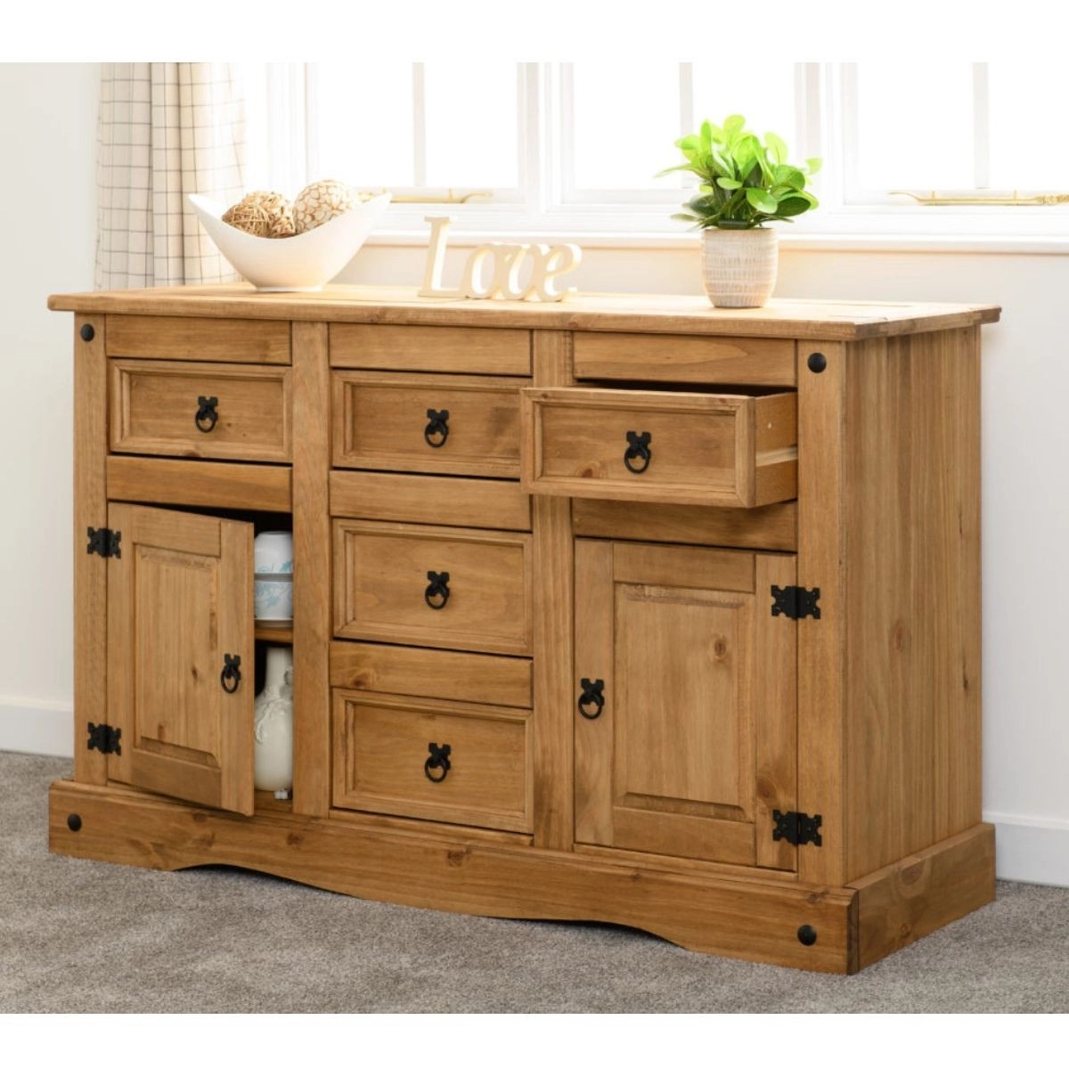 Corona 2 Door 5 Drawer Sideboard - Distressed Waxed Pine