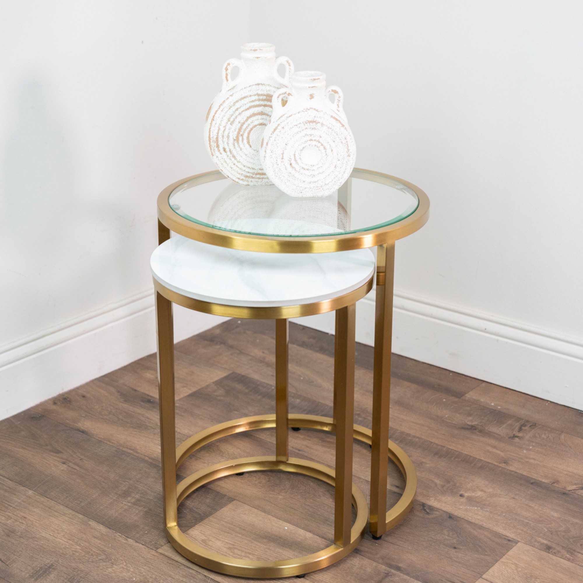 Salzburg s/2 marble/glass side tables - Image 3